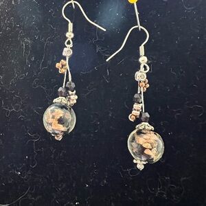 Vintage  murano glass infused with silver and gold foil jat AB crystals earrings